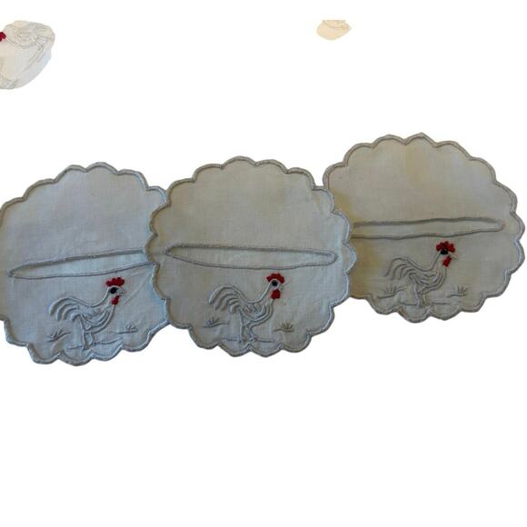 Vtg Rooster Embroidered Linen Cocktail Napkins 11 napkins 3 Coasters - Picture 3 of 8